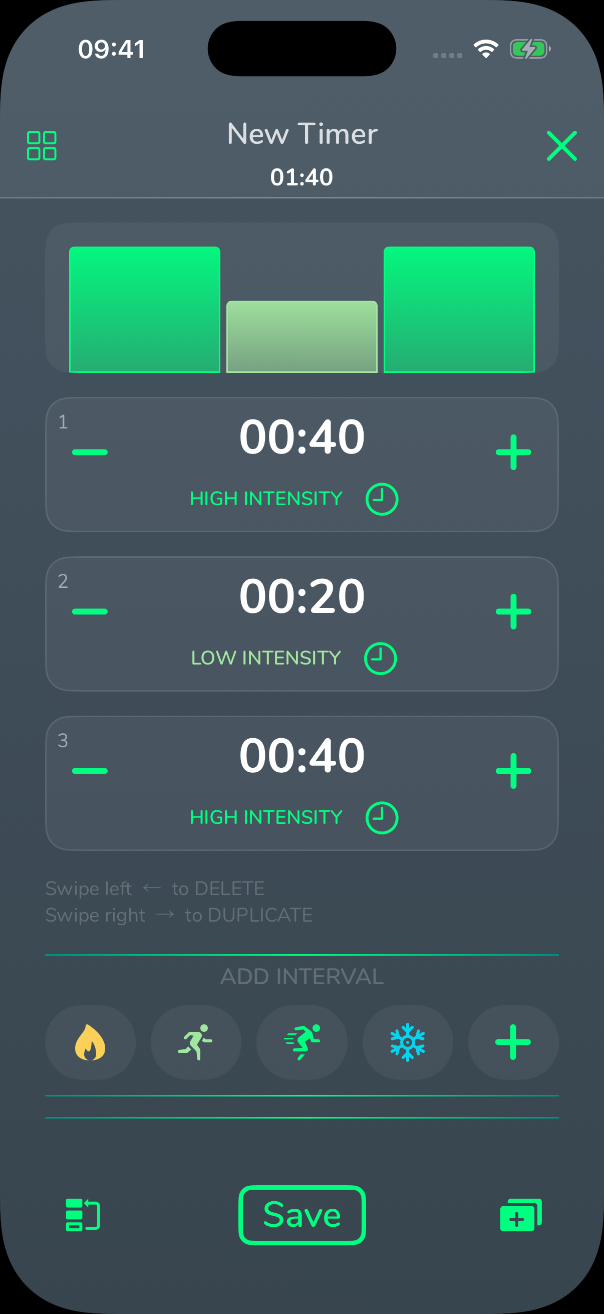 Cero interval builder on iPhone 17 Pro, including its Dynamic Island, template picker, work and recovery intervals, and per-interval timing controls